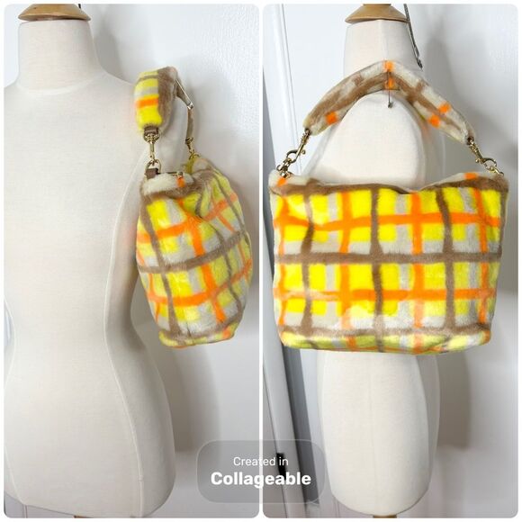 Ugg Duffy Shoulder Bag Orange Yellow Tartan Faux Fur Slouchy Purse - Picture 2 of 8